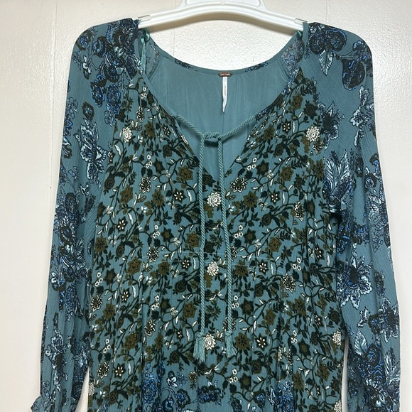 Free People Womens Lucky Loosie Dress Blue Floral Long Sleeve Mini Swing Flowy - Picture 2 of 10